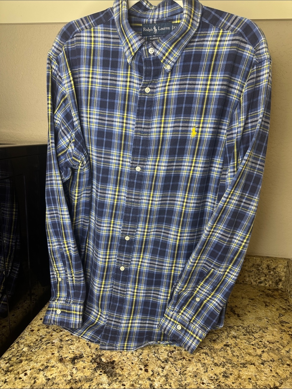 Ralph Lauren Flannel Navy, White and Yellow Plaid Button-Down Shirt